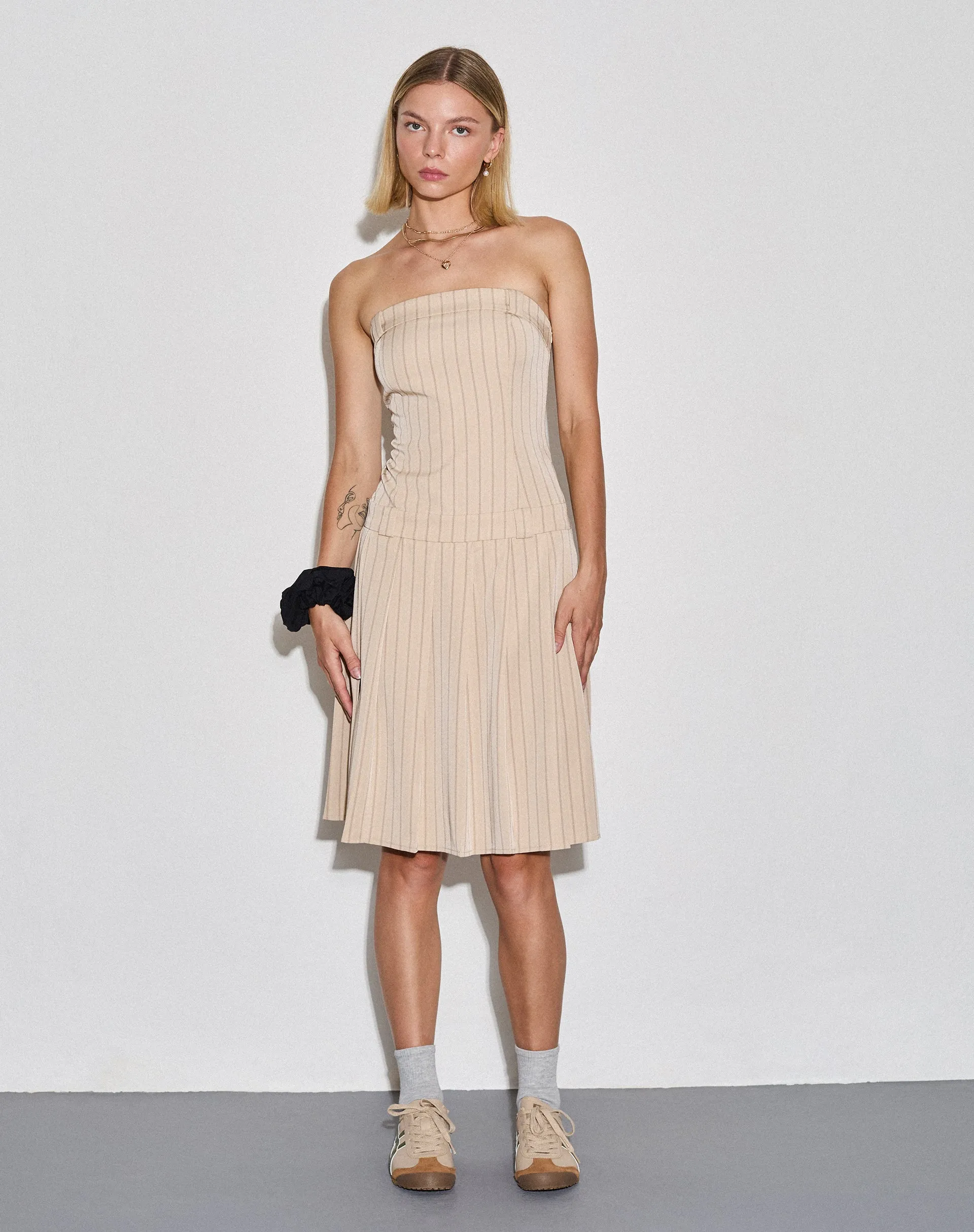 Aldari Bandeau Midi Dress in Tailoring Tan Pinstripe