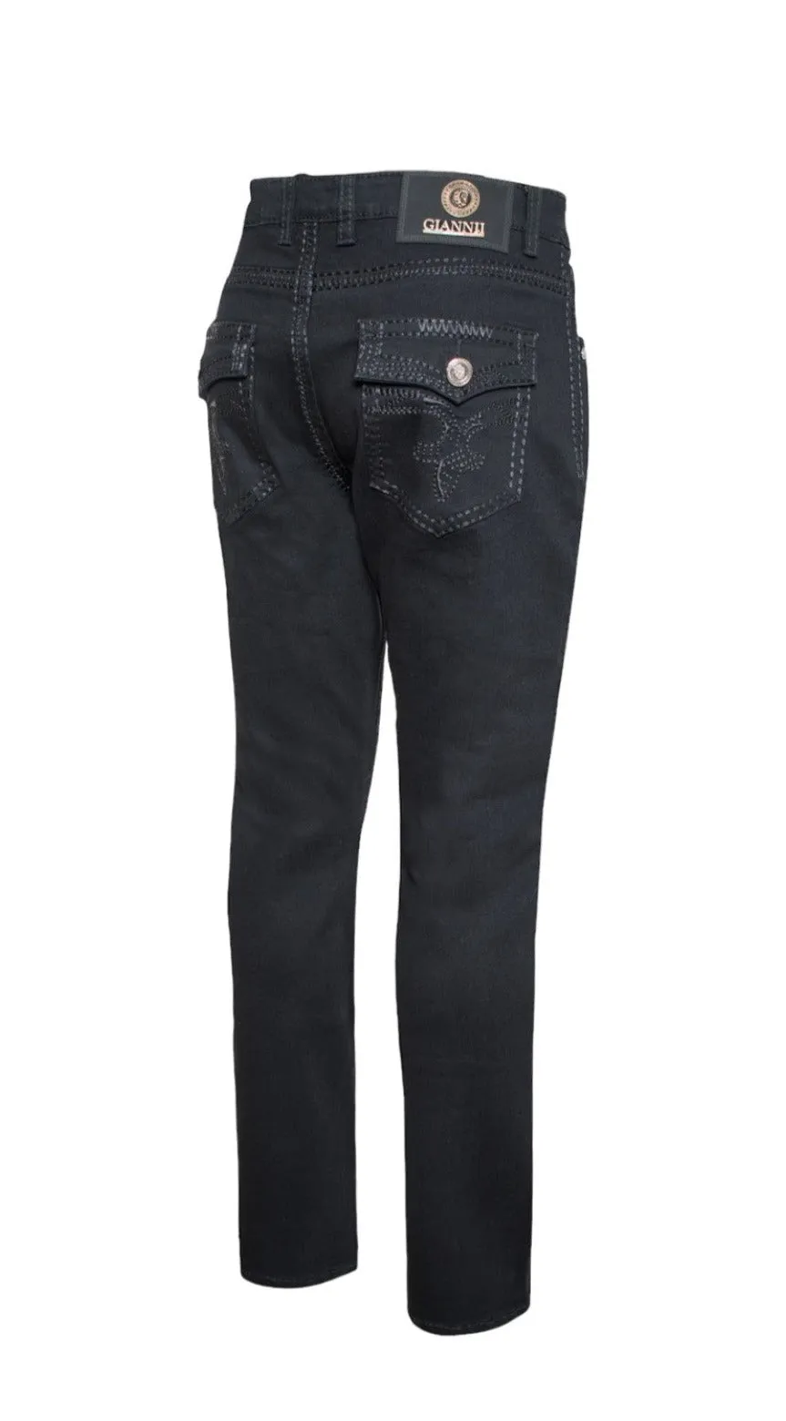 Black Men Slim-Fit Jeans Flap Pockets and Stitches