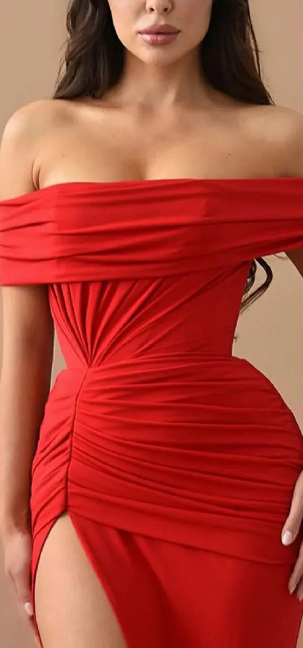 Elegant Off Shoulder Side Slit Red Jersey Bridesmaid Dresses Online, BG577