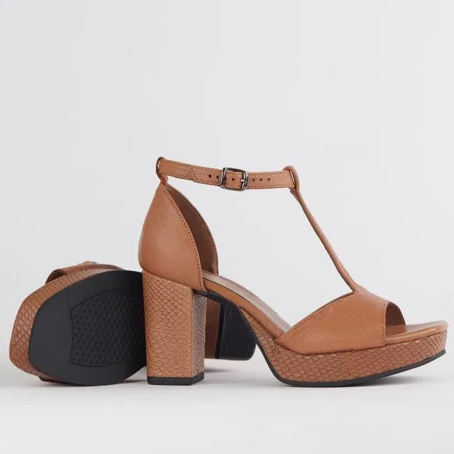 High Heel Platform T-Bar Sandal in Tan - 12677