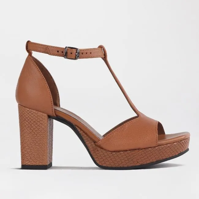 High Heel Platform T-Bar Sandal in Tan - 12677