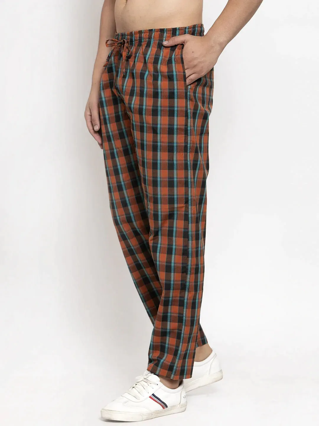 Men'S Orange Checked Cotton Track Pants