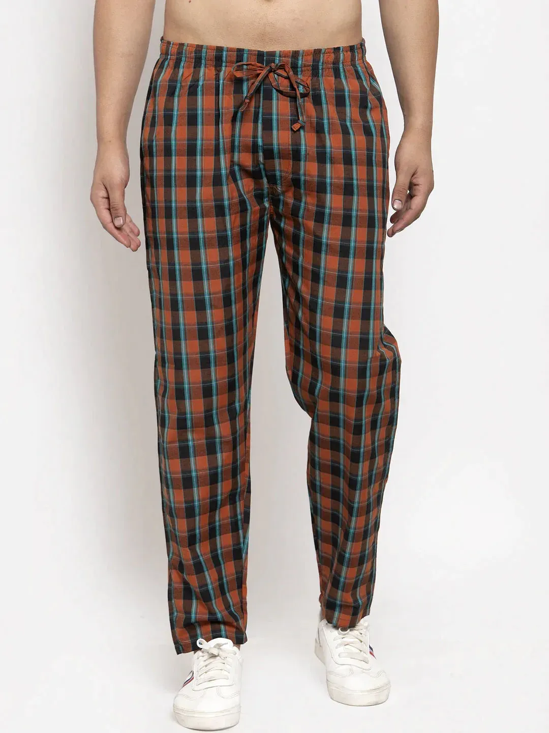 Men'S Orange Checked Cotton Track Pants