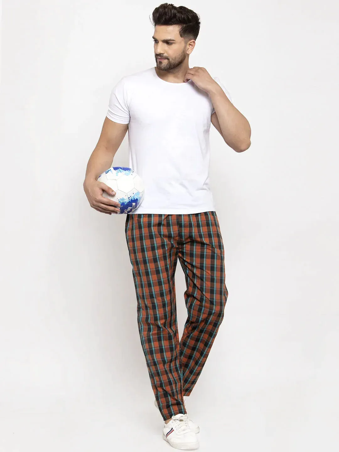 Men'S Orange Checked Cotton Track Pants