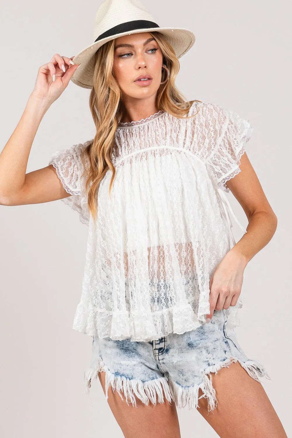 SAGE   FIG Round Neck Short Sleeve Lace Blouse