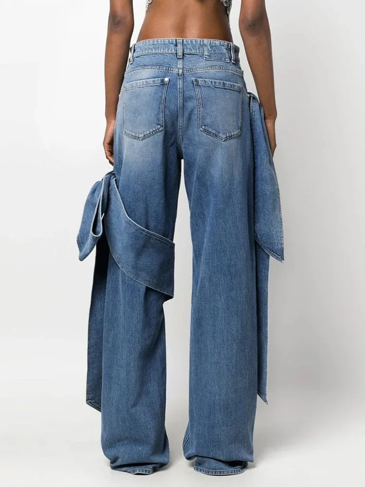 TEEK - Bowknot High Waist Denim Straight Pants