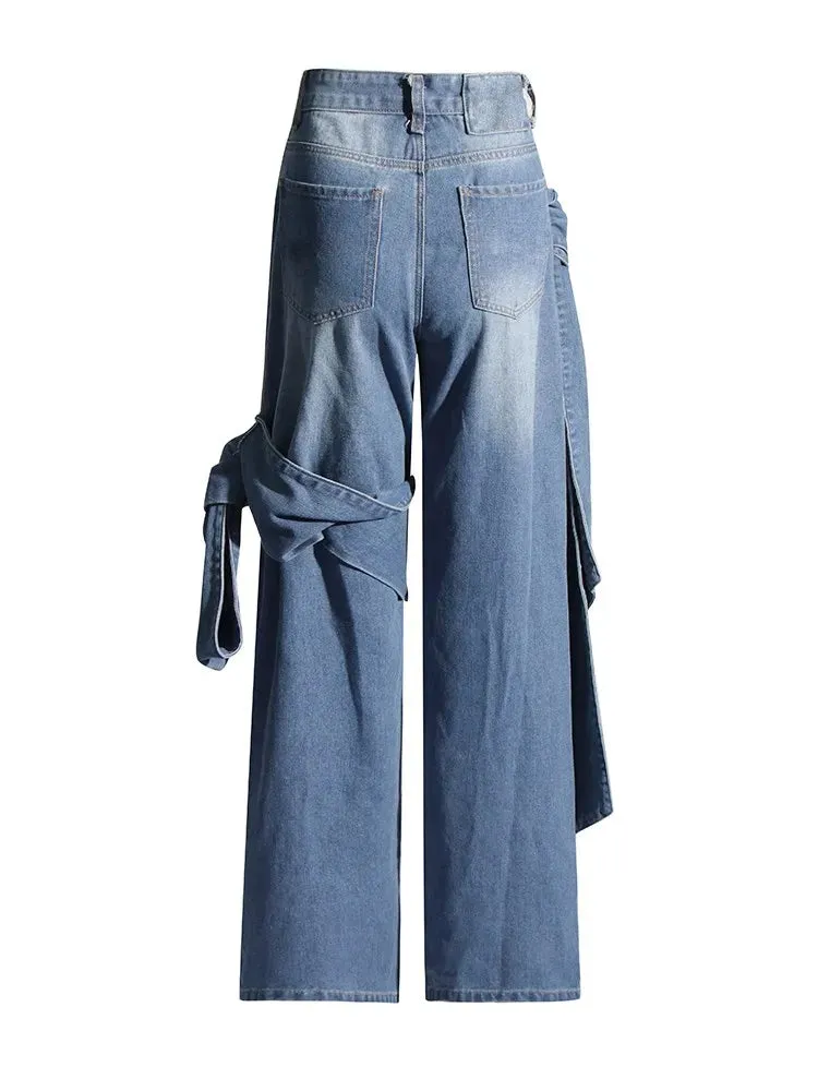 TEEK - Bowknot High Waist Denim Straight Pants