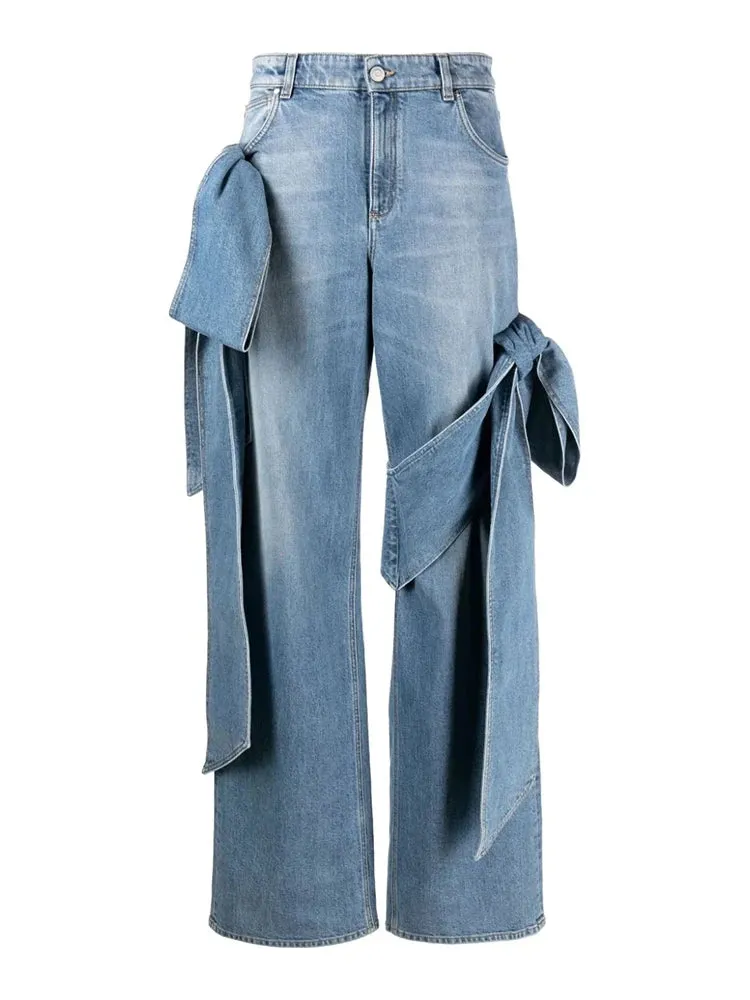 TEEK - Bowknot High Waist Denim Straight Pants