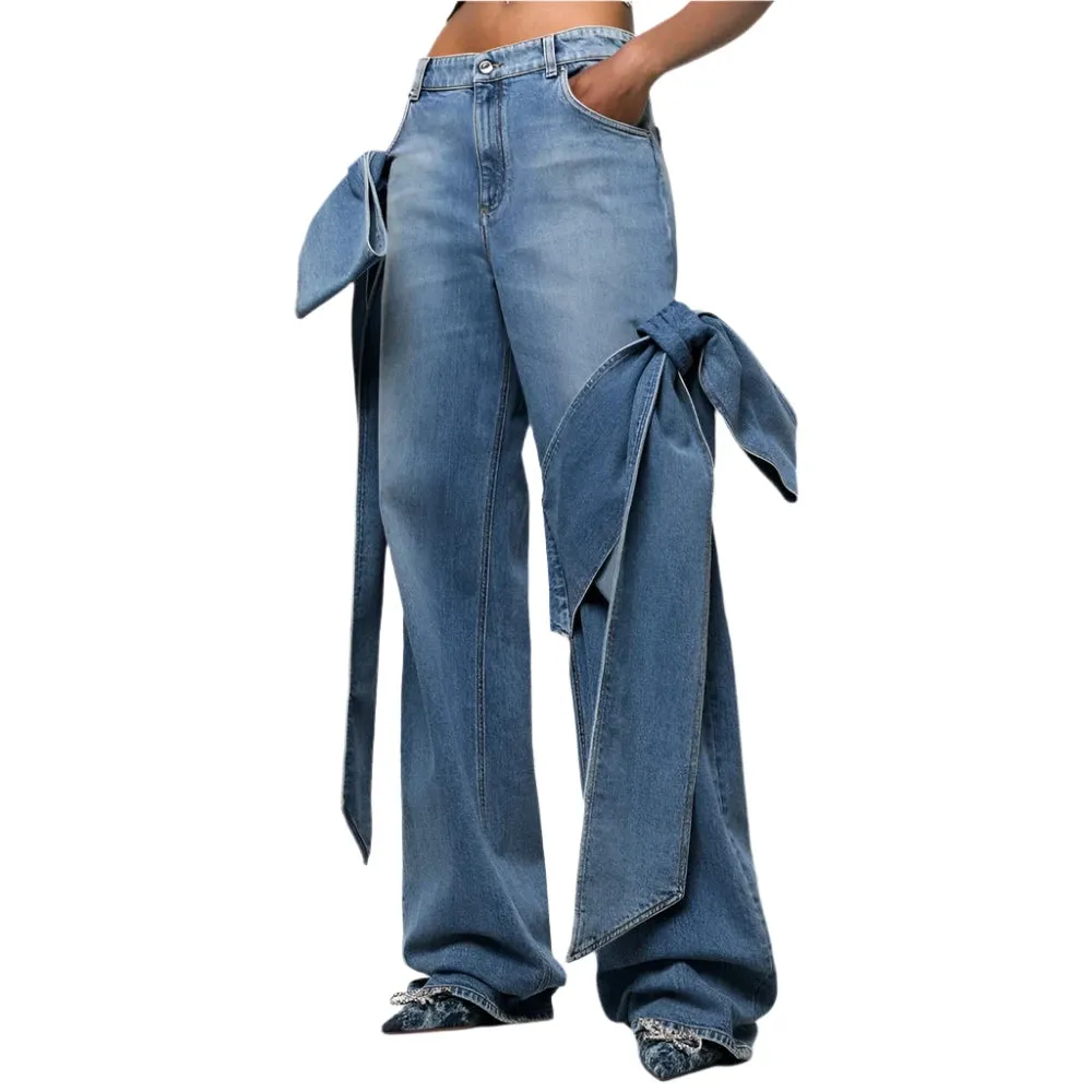 TEEK - Bowknot High Waist Denim Straight Pants