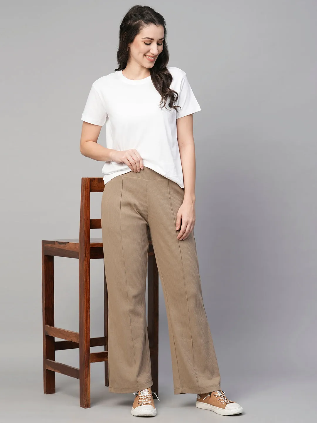 Women's Khaki Cotton Elastane Regular Fit Knit Pant