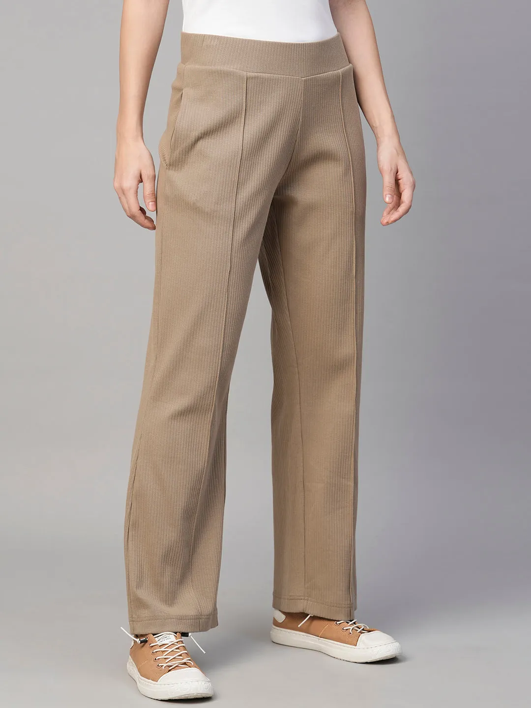 Women's Khaki Cotton Elastane Regular Fit Knit Pant