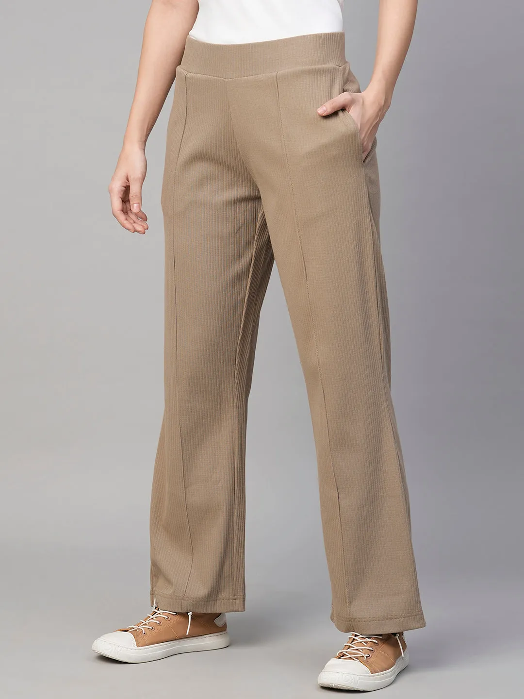 Women's Khaki Cotton Elastane Regular Fit Knit Pant