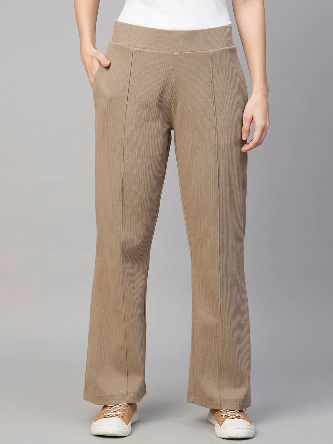 Women's Khaki Cotton Elastane Regular Fit Knit Pant