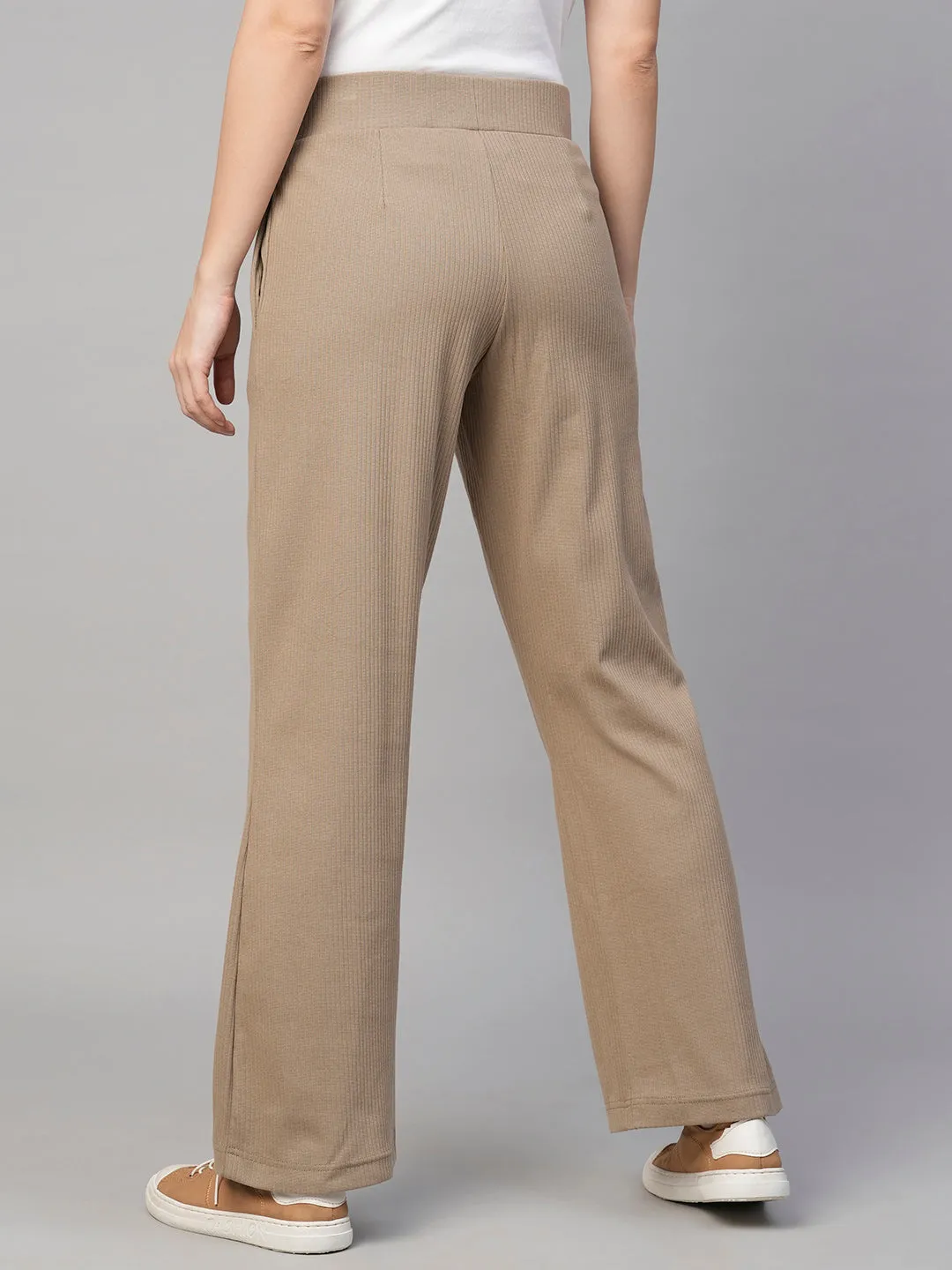 Women's Khaki Cotton Elastane Regular Fit Knit Pant